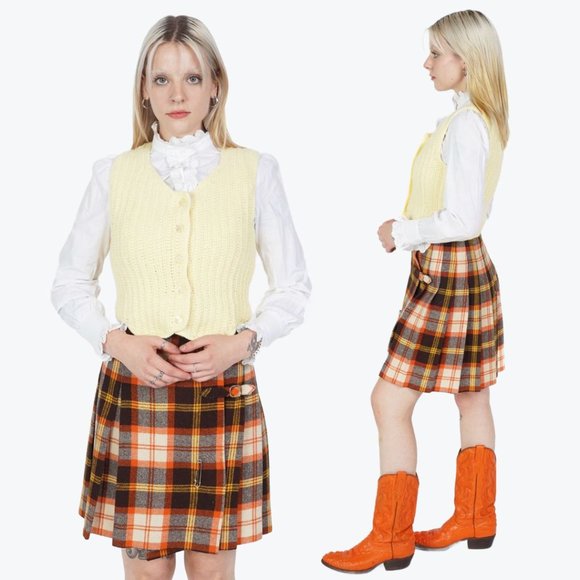 VINTAGE Wool Orange Tartan Plaid Pleated Preppy A-Line Mini Skirt - Picture 2 of 3